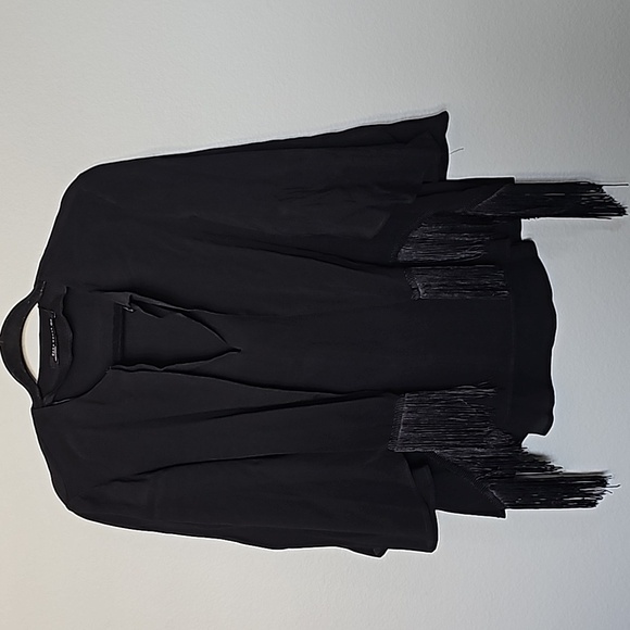 Zara Hippie Boho Whimsigoth Country black cape blouse fringe NWT XS oversized - Picture 2 of 11